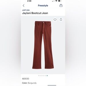 JUST USA Jaylani Bootcut Jean (Burgundy)